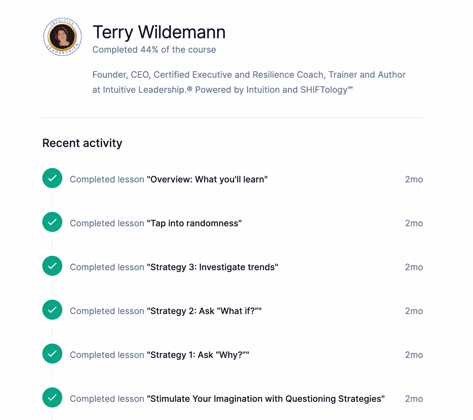 Student profile showing completion progress and recent activity